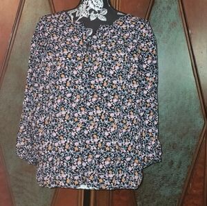 Knox Rose Floral Pink/Black 3/4 Sleeve 3 Button Front Top Boho XL